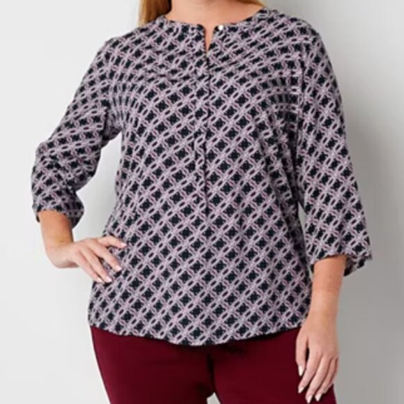 EUC Liz Claiborne Black and Pink Geometric Blouse - Picture 3 of 11